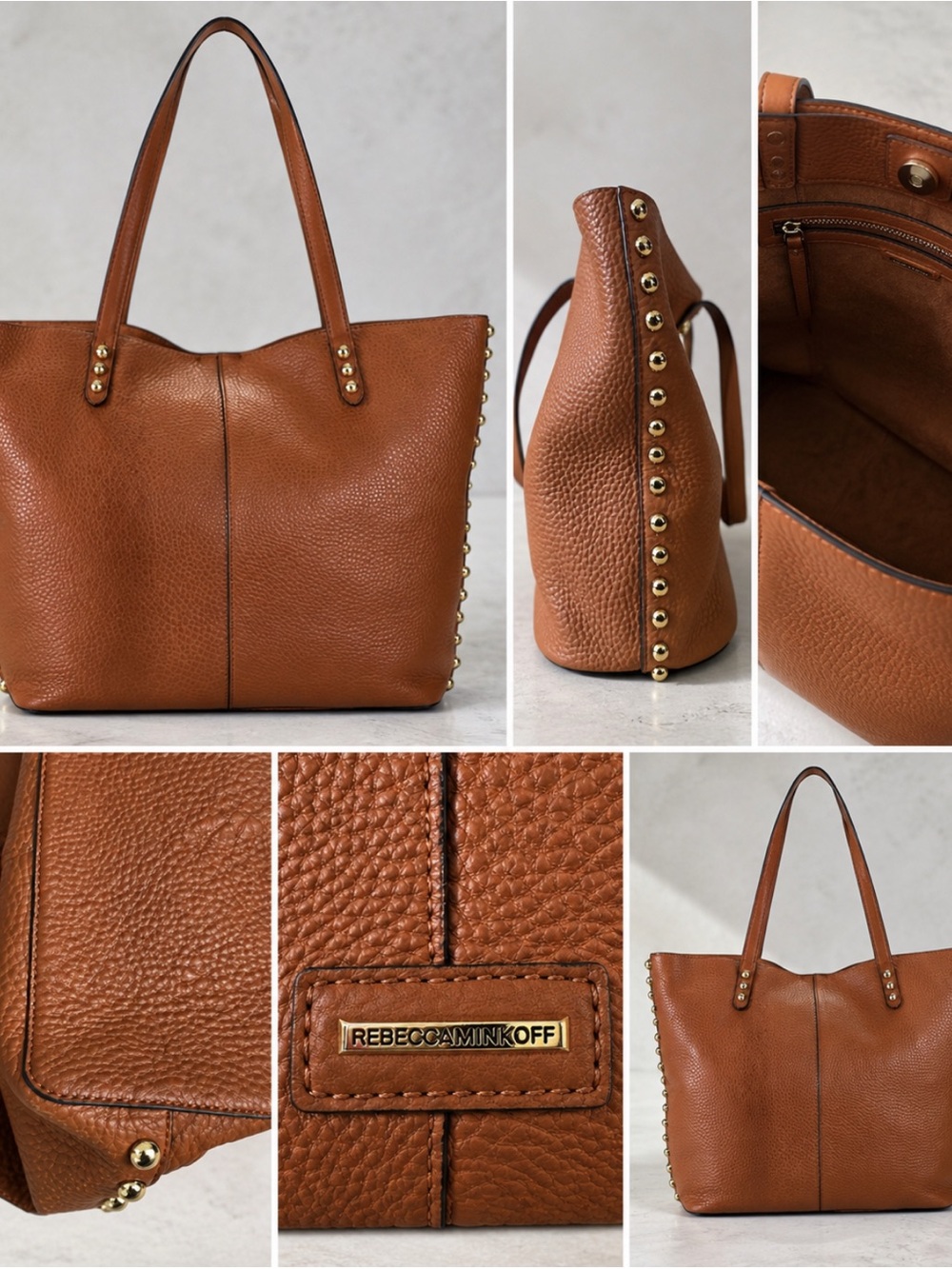 REBECCA MINKOFF BROWN PEBBLED LEATHER STUDDED TOTE - Picture 10 of 11